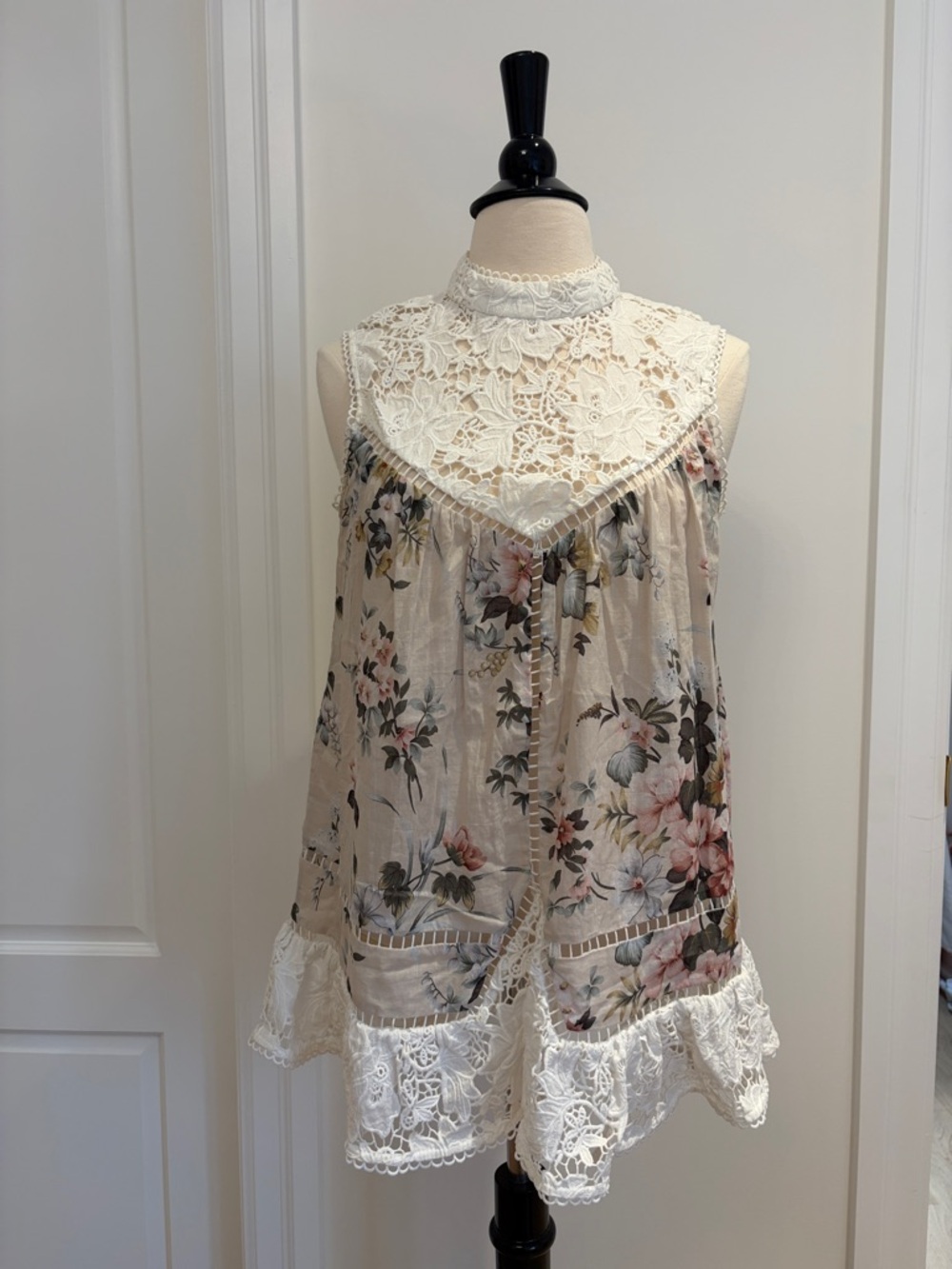 Zimmermann Cream Floral Lace Yoke Sleeveless Blouse